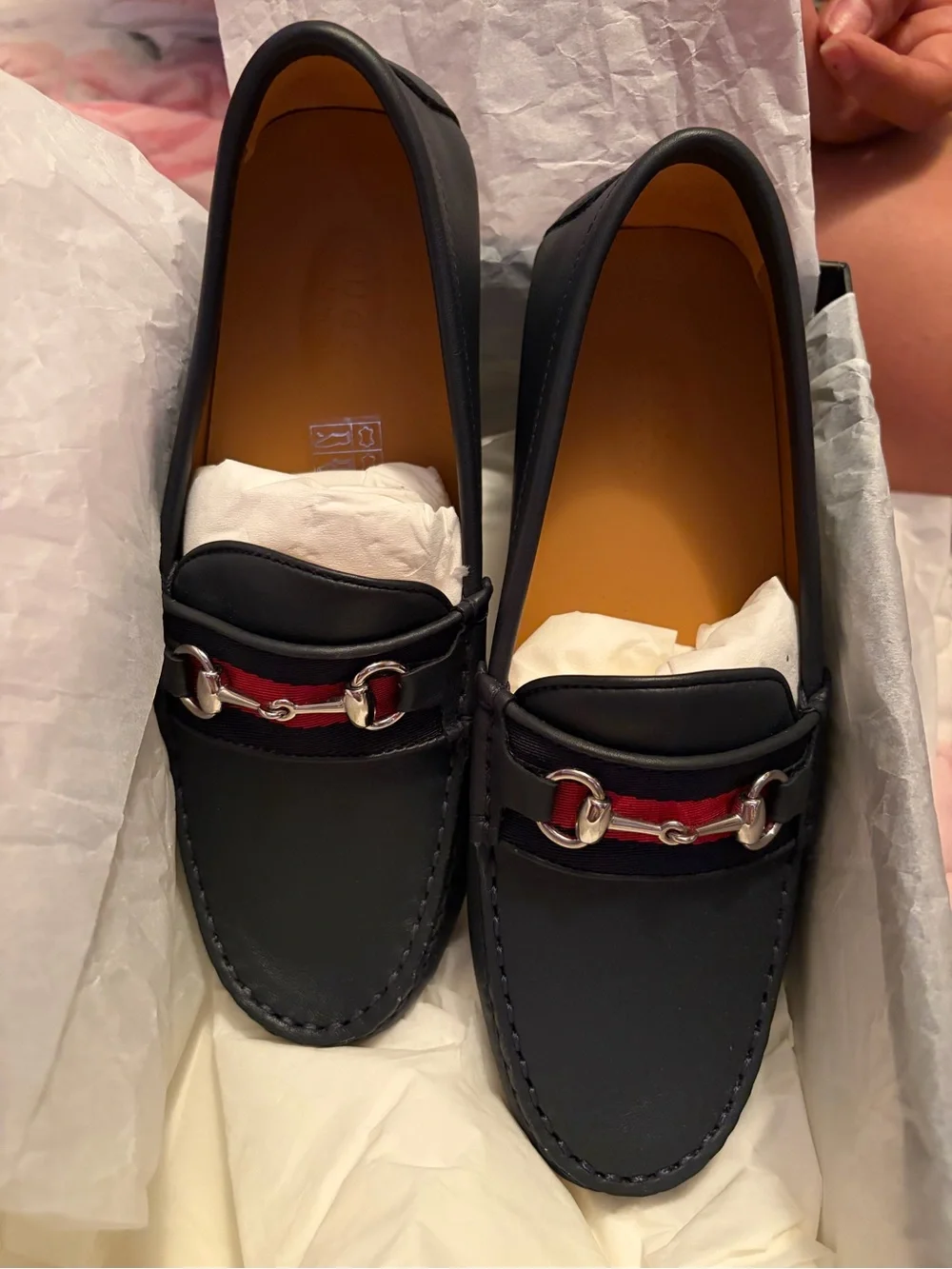 Gucci Kids Navy Leather Loafers with Red Stripe and Silver Bit